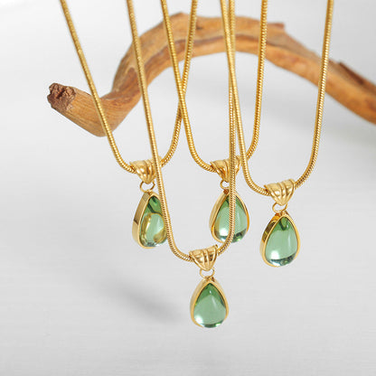 Women's Retro Olive Green Blue Water Drop Pendant Design Necklaces