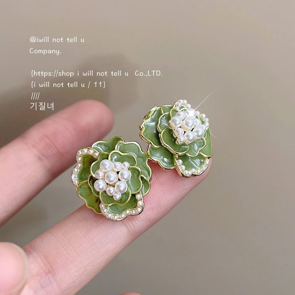 Camellia Sier Needle Plated Drop Oil Pearl Earrings