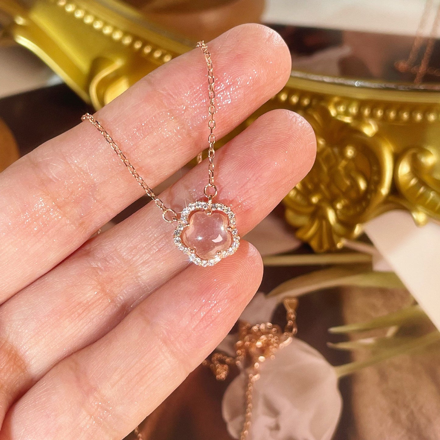 Fresh Sweet Girlish Style Sterling Sier Pink Crystal Necklaces