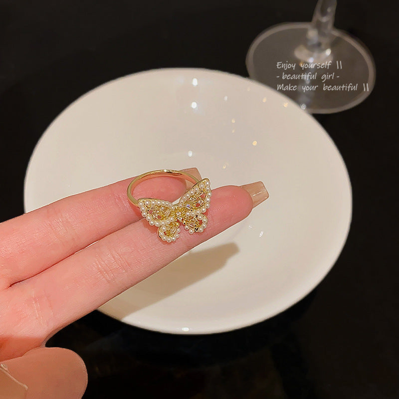 Generous Butterfly Female Opening Adjustable Pearl Zircon Rings