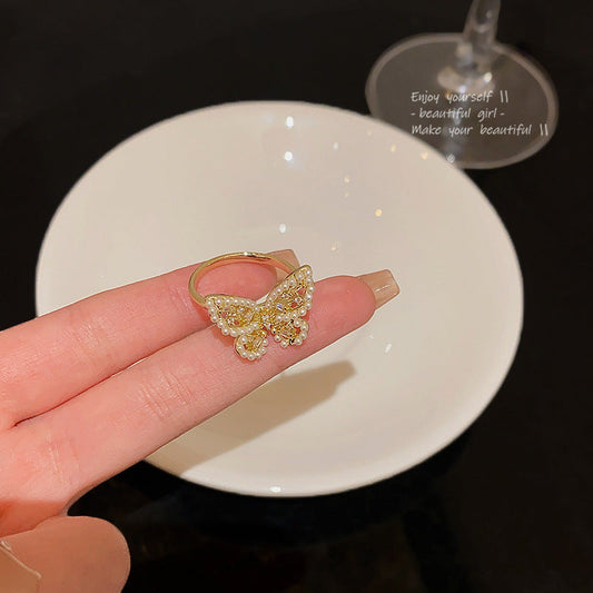Generous Butterfly Female Opening Adjustable Pearl Zircon Rings
