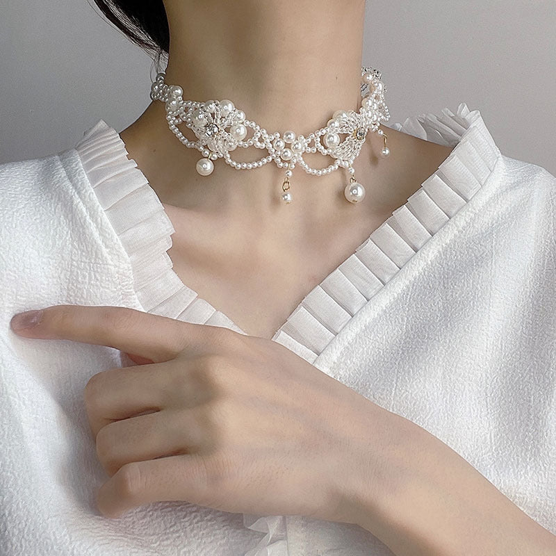 Palace Style Bridal Pearl Diamond Tassel Necklaces