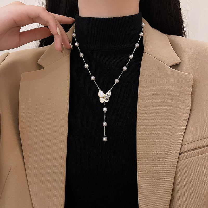 Women's Pearl Light Luxury Minority Long Tassel Butterfly Necklaces