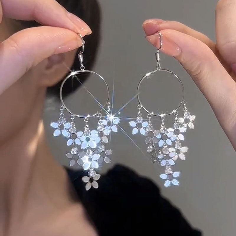 Women's Sier Super Fairy Flowers Tassel Circular Earrings