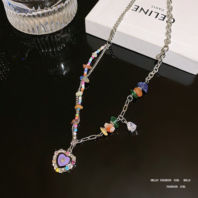 Fairy Temperamental Colored Loving Heart Pendant Clavicle Necklaces