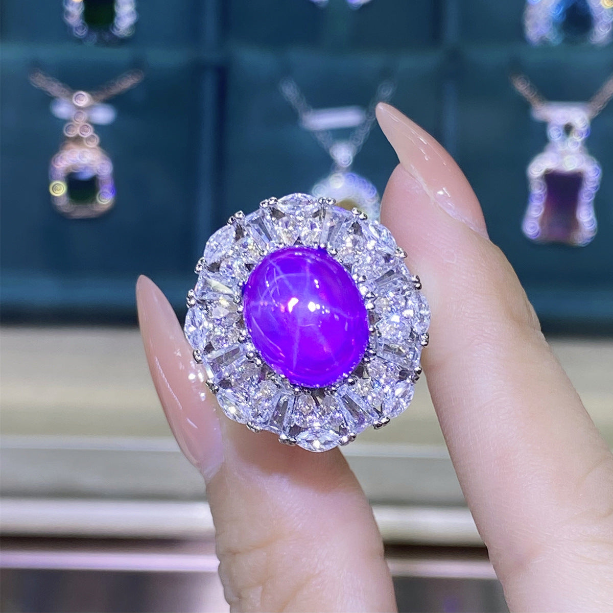 Purple Star Dove Egg-shaped Simulation Amethyst Full Diamond Rings