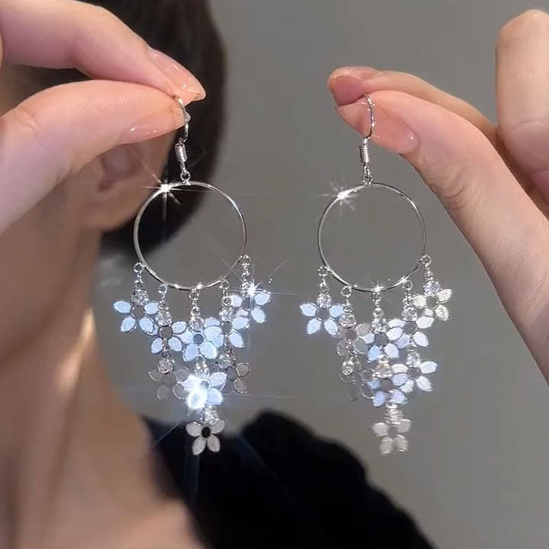 Women's Sier Super Fairy Flowers Tassel Circular Earrings