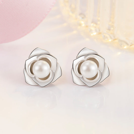Women's Sier Camellia Pearl Light Luxury Flower Earrings