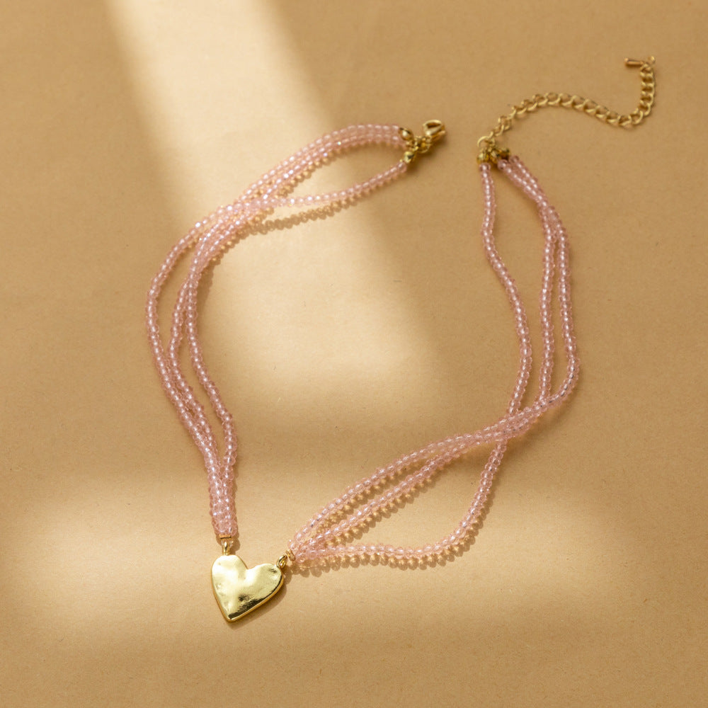 Women's Pink Crystal Stitching Alloy Peach Heart Necklaces