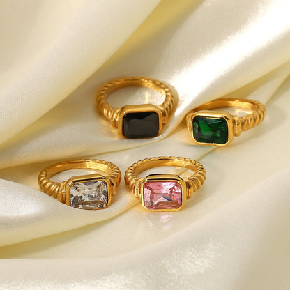 Women's Stainless Steel Rectangular Emerald Pink Zircon Rings