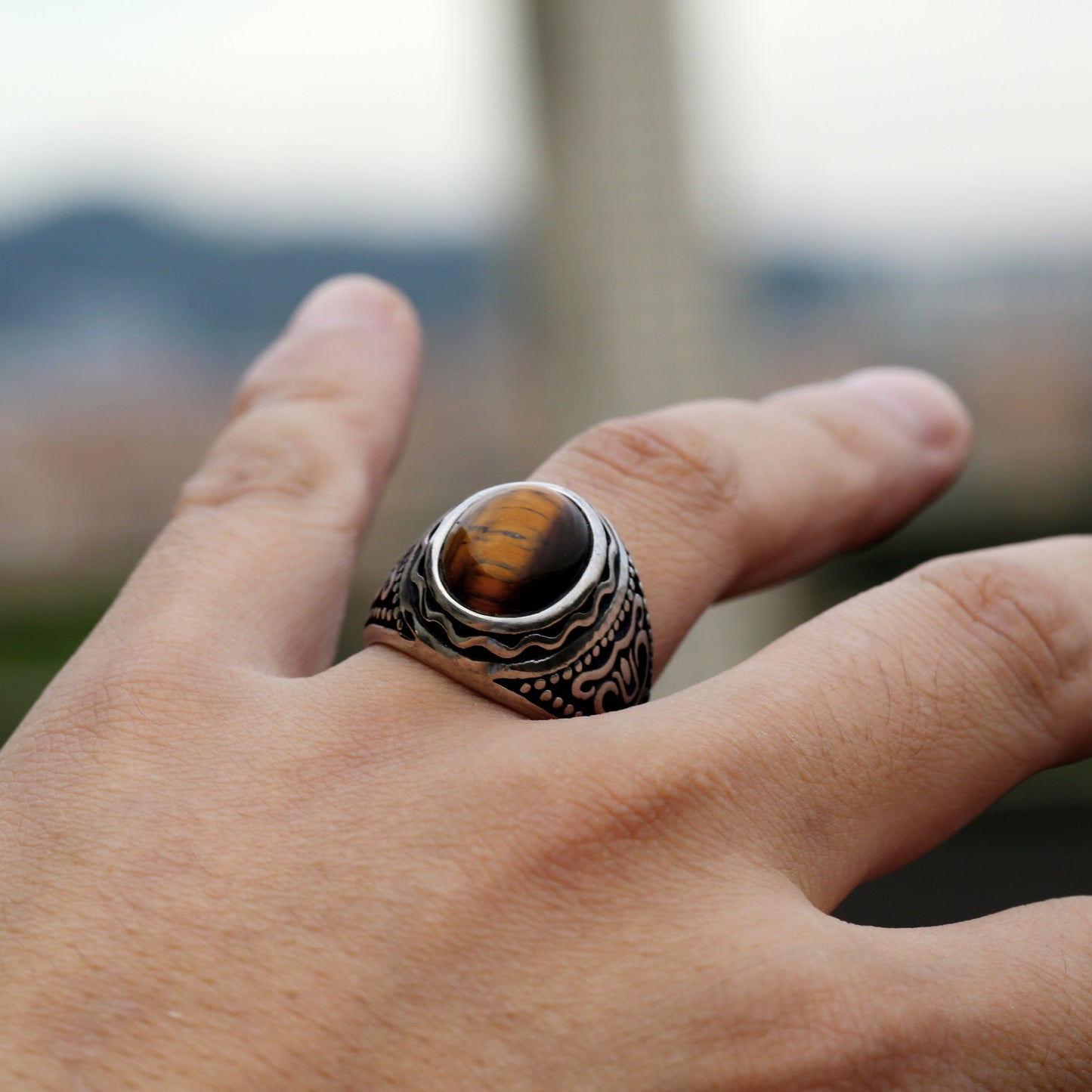 Men's Stainless Steel Retro Titanium Inlaid Tigereye Rings