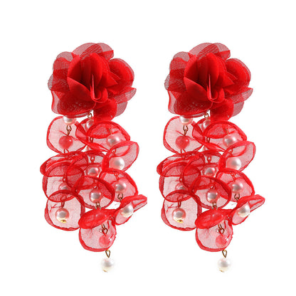 Women's Flower Exaggerated Bohemian Cloth With Pearl Earrings