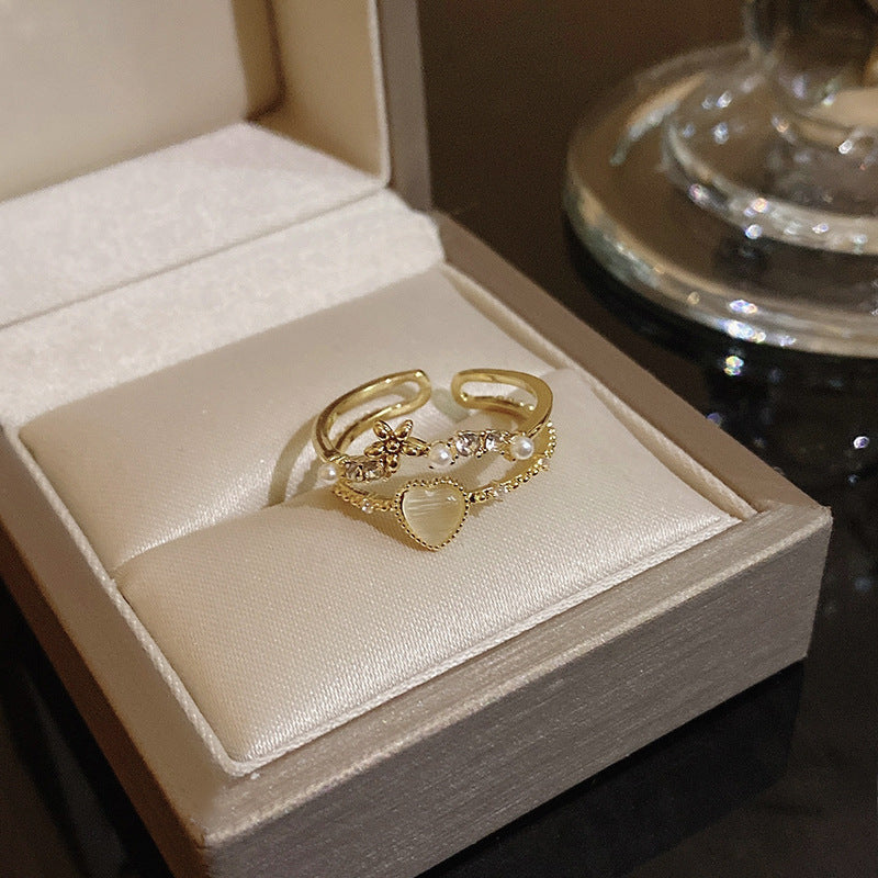 Pearl Zircon With Diamond Open Adjustable Rings