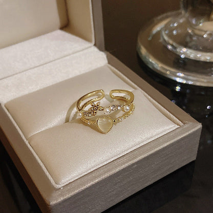 Pearl Zircon With Diamond Open Adjustable Rings