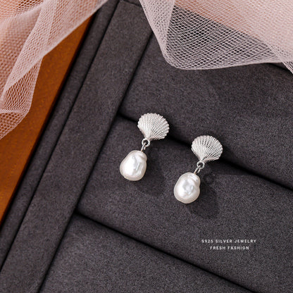 Women's Sterling Sier Imitation Beads Shell Korean Earrings