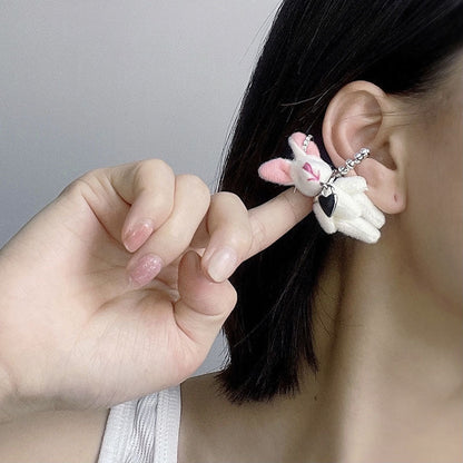 Plush Pink Rabbit Ear Clip Niche Earrings