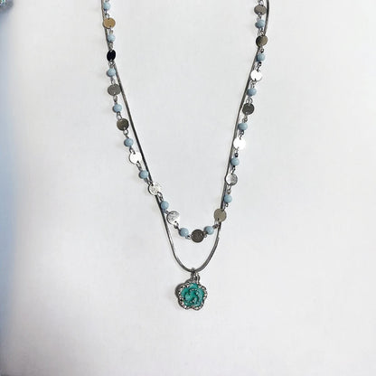 Layer Twin Blue Rose Titanium Steel Necklaces