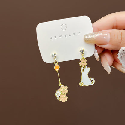 Women's Cartoon Long Asymmetric Flower Cat Fox Earrings