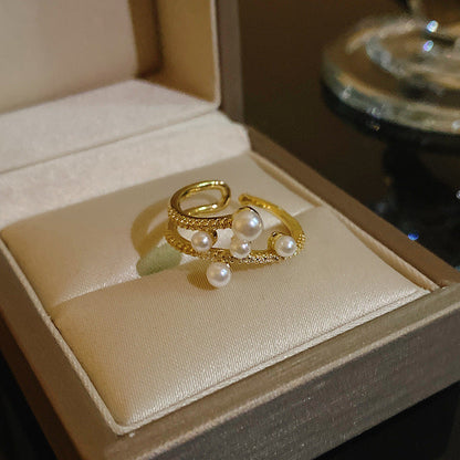 Pearl Zircon With Diamond Open Adjustable Rings