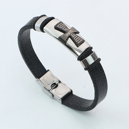 Men's Souvenir Gift Leather Titanium Steel Cross Bracelets