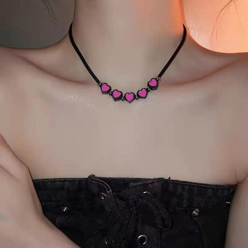 Women's Hot Sweetheart Pink Stars Heart Leather String Niche Necklaces