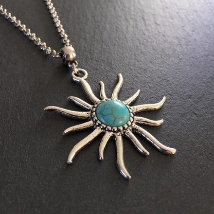Boho Sun Pendant Sunflower Cracked Turquoise Necklaces