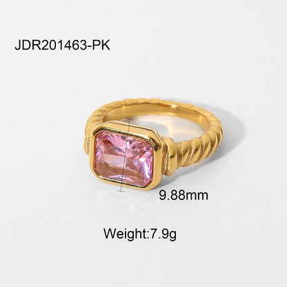 Women's Stainless Steel Rectangular Emerald Pink Zircon Rings