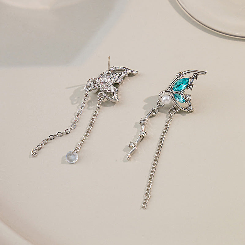 Style Butterfly Pearl Asymmetric Design Long Tassel Earrings