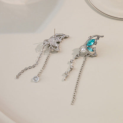 Style Butterfly Pearl Asymmetric Design Long Tassel Earrings