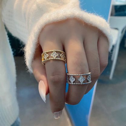 Retro Fashion Micro Inlaid Zircon Four-leaf Clover Temperament Rings