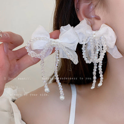 Fairy Tulle Bow Pearl Crystal Tassel Rings