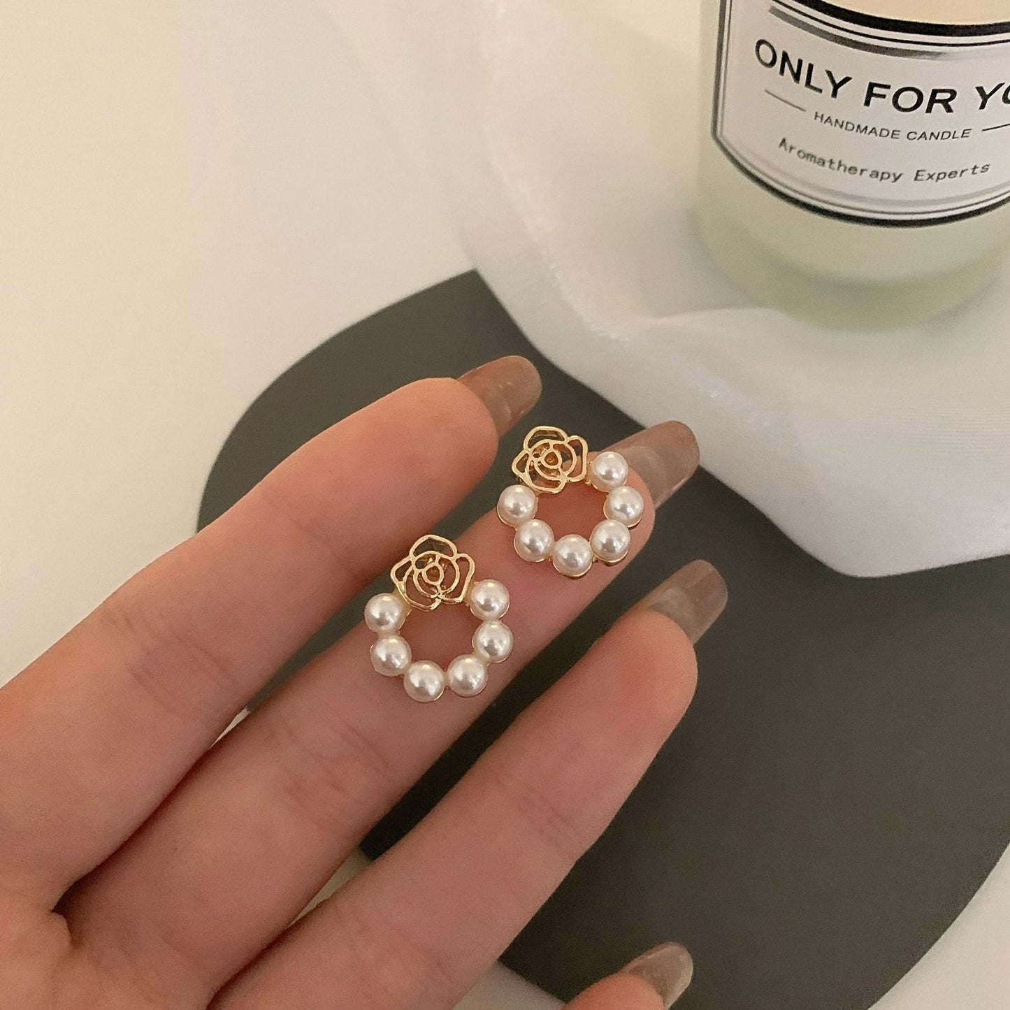 Women's Sier Pin Hollow Rose Flower Pearl Rings