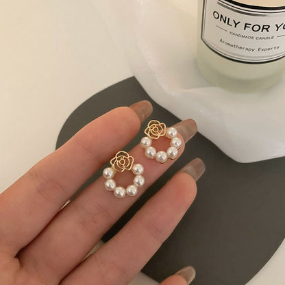 Women's Sier Pin Hollow Rose Flower Pearl Rings