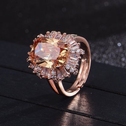 Rectangular Champagne Zircon Closed Open Female Rose Rings