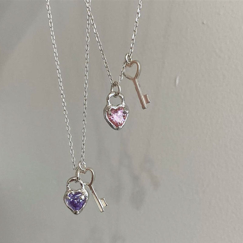 Female With Hearts Key Clavicle Chain Spring Pink Necklaces