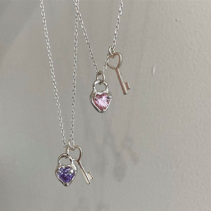 Female With Hearts Key Clavicle Chain Spring Pink Necklaces