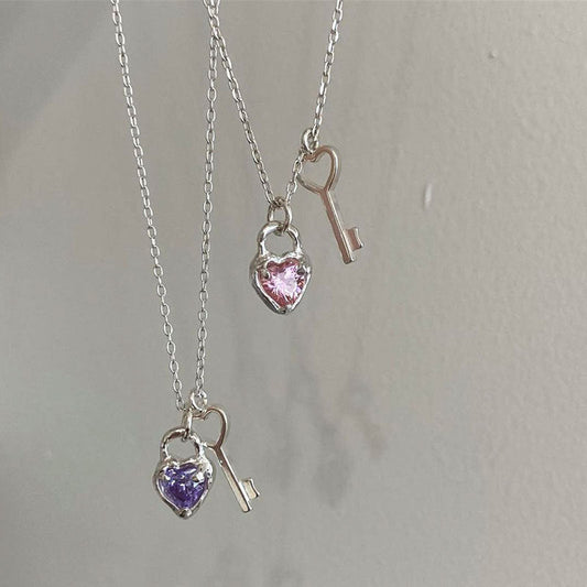 Female With Hearts Key Clavicle Chain Spring Pink Necklaces