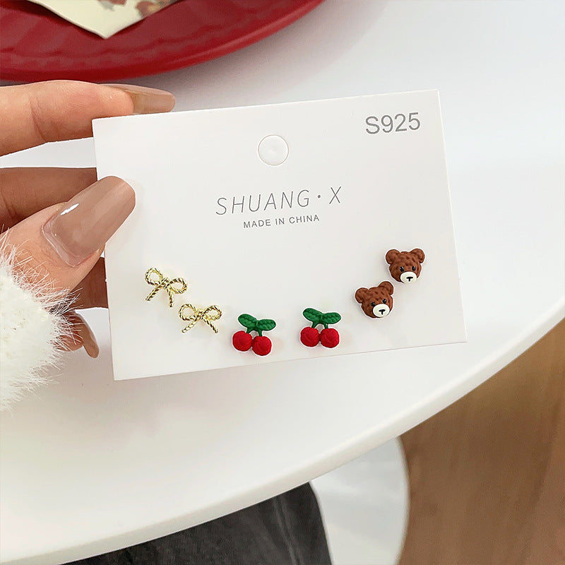 Small Cute Cherry Female Temperament Bear Fresh Earrings
