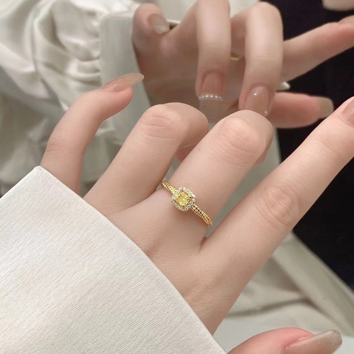 Women's Gold Plated Yellow Diamond Small Sugar Cube Rings