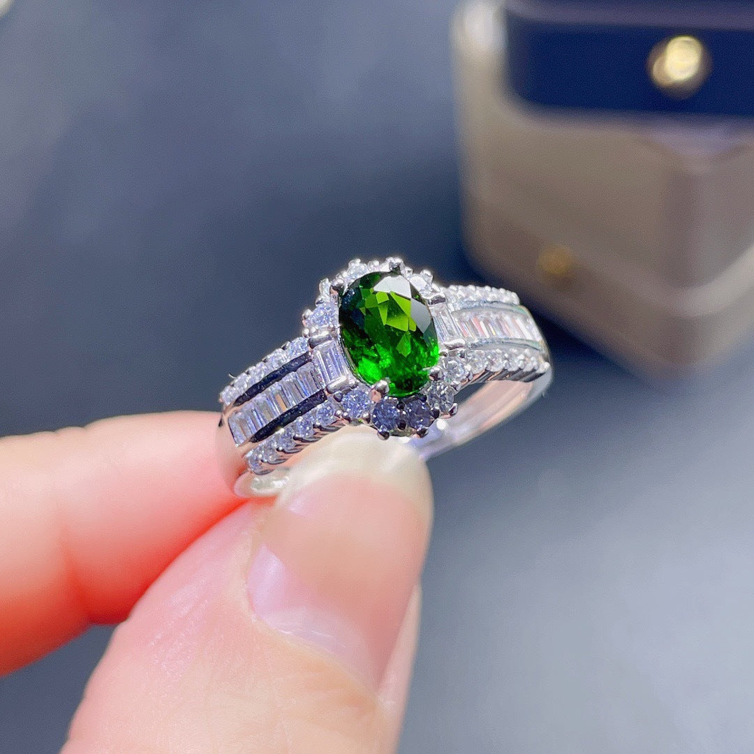 Women's Imitation Natural Diopside Female Square Diamond Emerald Rings