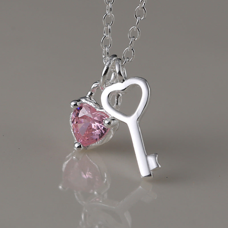 Female With Hearts Key Clavicle Chain Spring Pink Necklaces