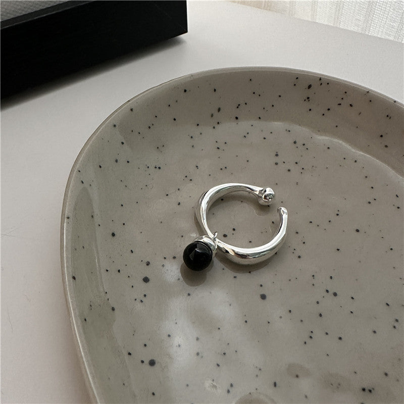 Sier Black Agate French Retro Ball Rings