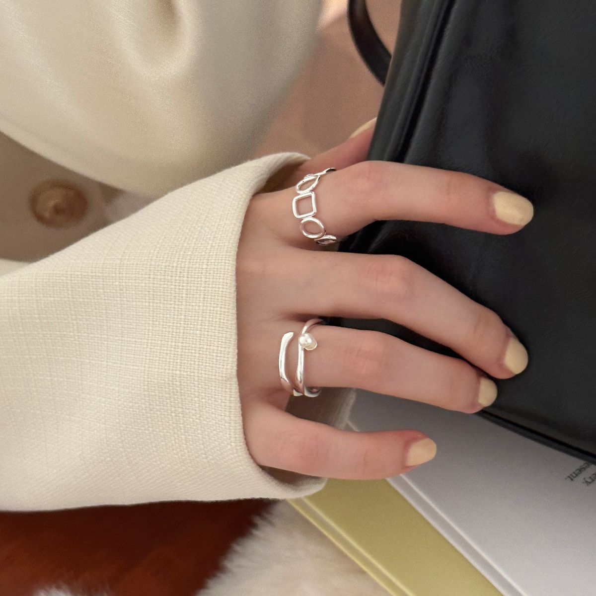 Square Female Simple Cold Style Twin Sier Opening Niche Rings