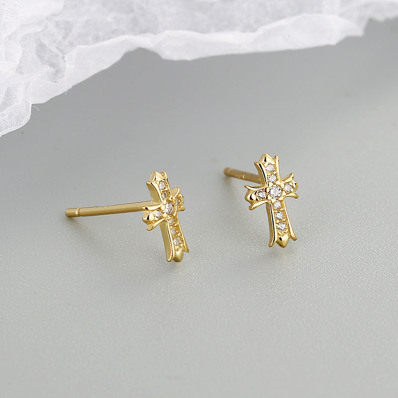 Sier Cross Diamond Zircon Mini Fashionable Simple Earrings