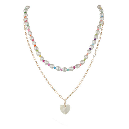 Women's Pearl Mixed Color Bead Love Pendant Double Layer Necklaces
