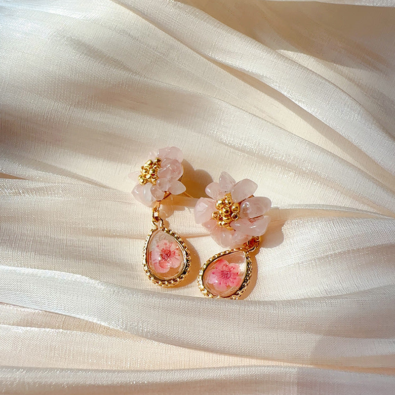 Flower Water Drop Ear French Kernel Crystal Earrings
