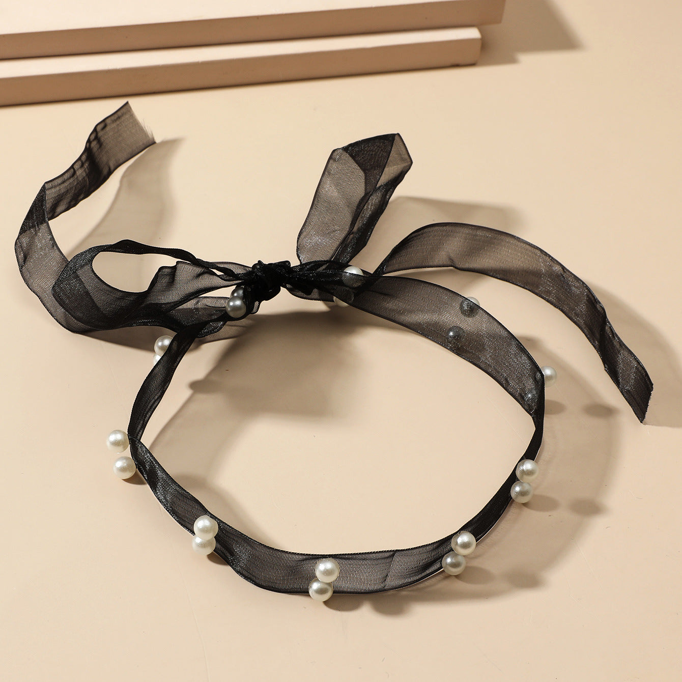 Women's Sweet Lady Black Mesh Ribbon Pearl Necklaces