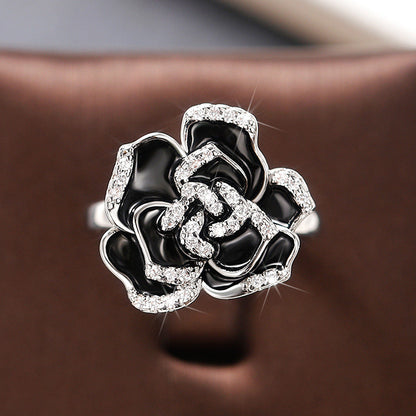 Women's Elegant Retro Enamel Zircon Unique Black Rose Flower Rings