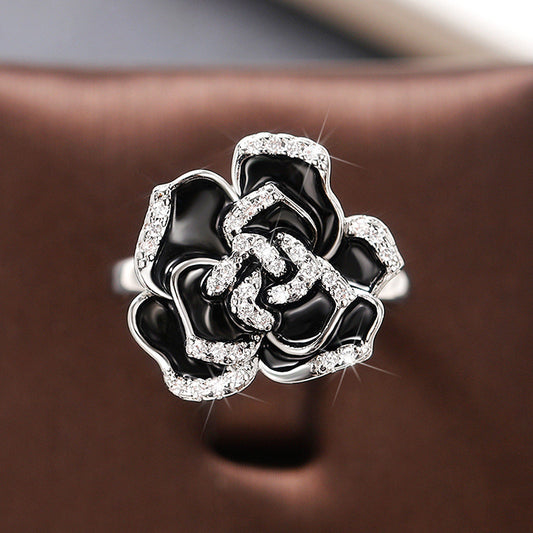 Women's Elegant Retro Enamel Zircon Unique Black Rose Flower Rings