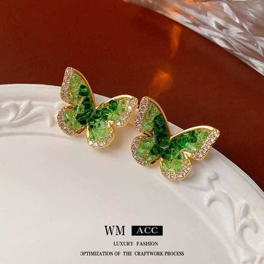 Women's Electroplated Sier Needle Zircon Green Butterfly Refreshing Earrings